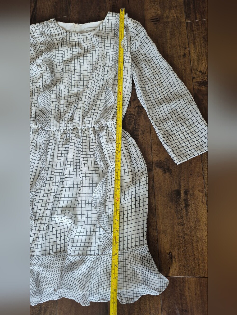 Club Monaco 100% Silk Grid Print Ruffle Dress White Black Long Sleeve Mini XXS - Picture 6 of 8